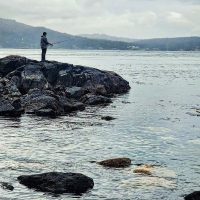 A person stands on rocky outcroppings by the water, fishing. The scene is calm, with overcast skies and distant hills. The water is still, reflecting the cloudy sky, creating a peaceful and serene atmosphere.